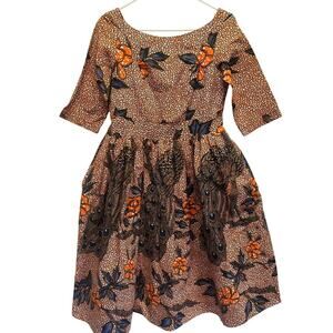 GF Grass - Fields Women Midi Dress 6 10UK Cotton Peacock Fit Flare EUC